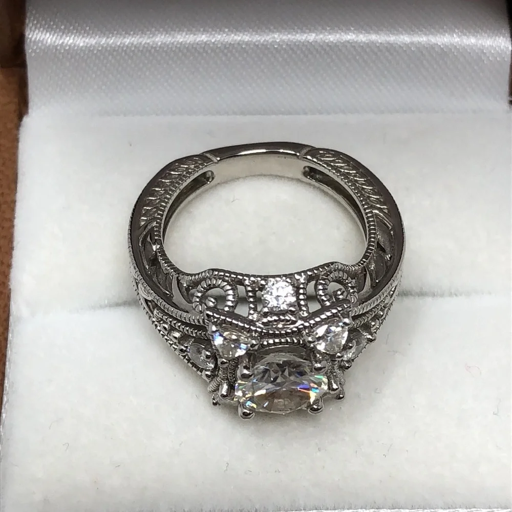 Moissanite Engagement Ring Sterling Silver 925 Vintage Halo Filigree Bridal Sz 6